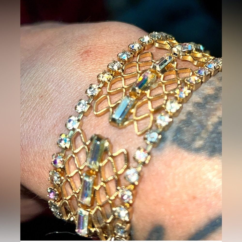 Rare - VTG Lattice Gold AB Stone Diamond Bracelet
